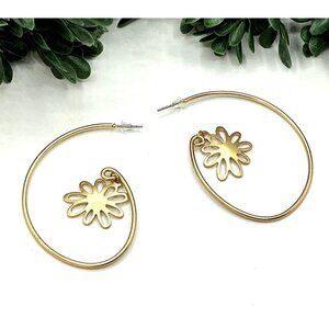 Gold Tone Hoop Earrings Open Circle Floral Charm Design